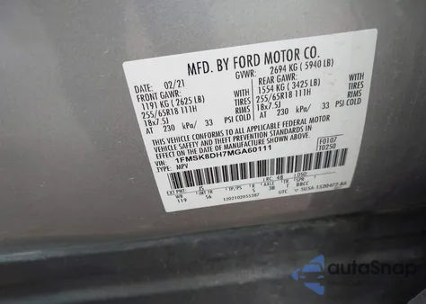 2021 Ford Explorer Xlt из США, поврежденный, VIN 1FMSK8DH7MGA60111